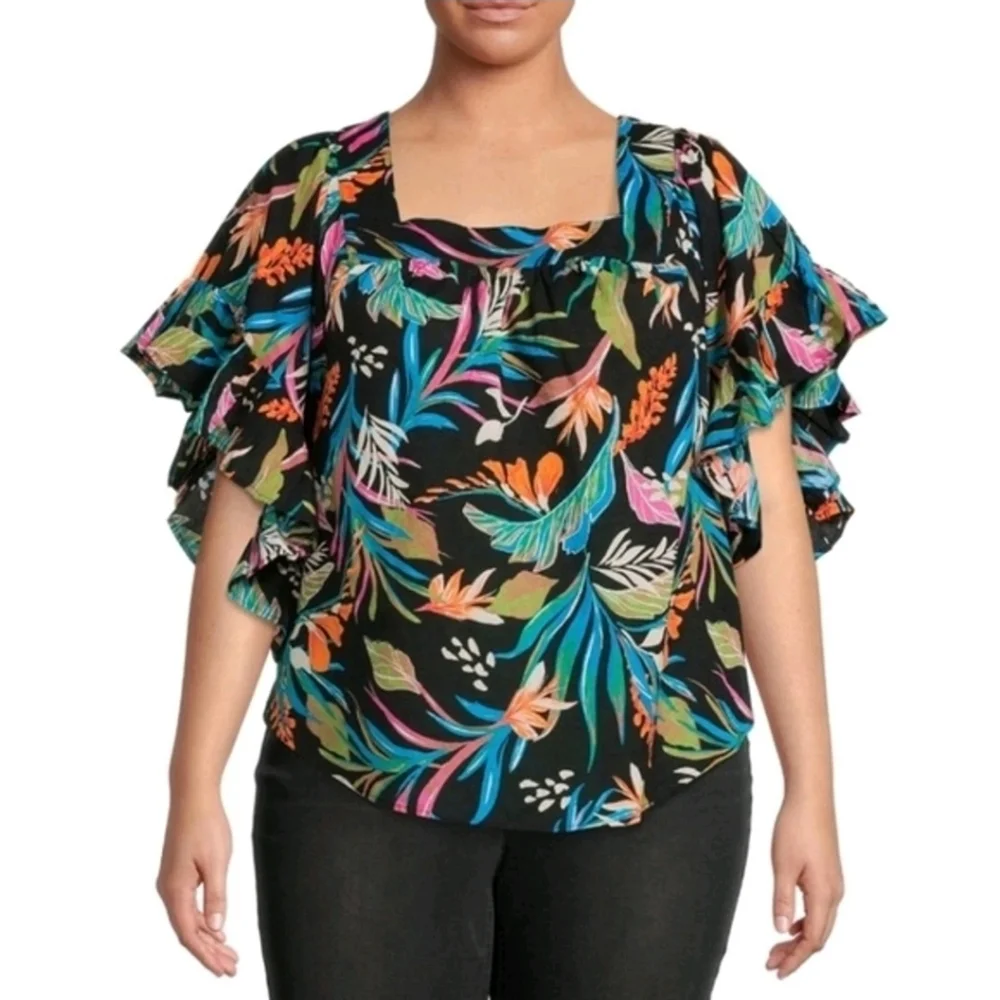 Plus Size Floral Cotton Blouse Square Neck Bell Sleeve Top Artsy Cottagecore NWT